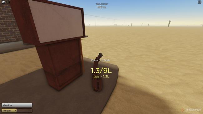 A gas station with a gas-filled pump in The Dusty Trip in Roblox.
