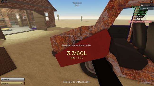 Using a gas canister to fill the car's gas tank with the LMB in The Dusty Trip in Roblox.