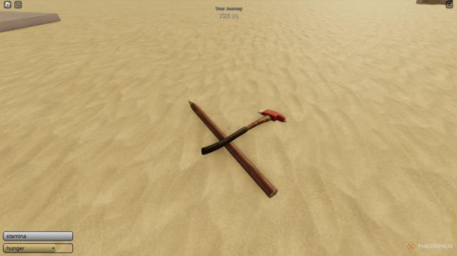 A fire axe laying on top of a wooden spear on the ground in The Dusty Trip on Roblox.