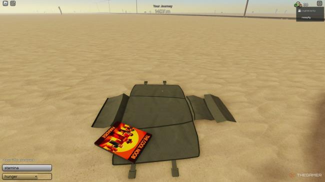 An open backpack with one magazine inside in A Dusty Trip in Roblox.