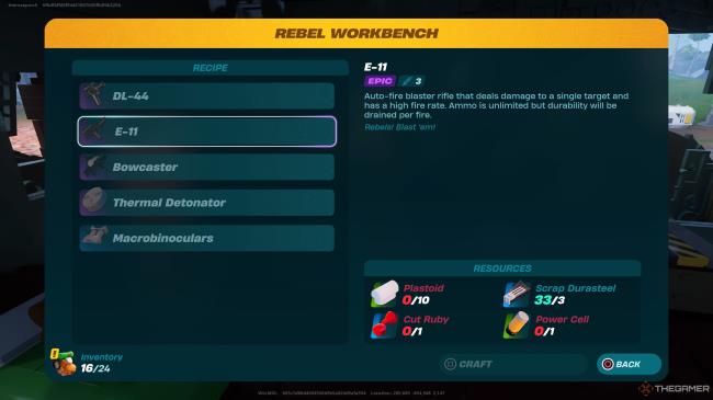 Screenshot of Rebel workbench menu showing the recipe for the E-11 blaster in Lego Fortnite.