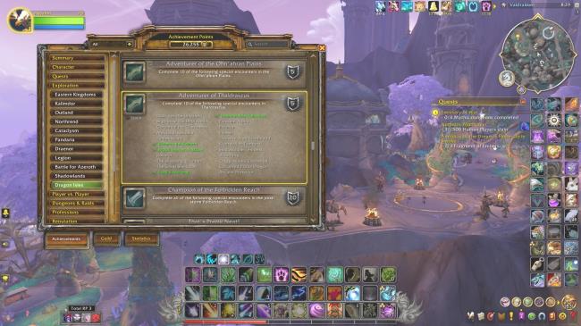 the achievement menu opened on a characters in valdrakken, with the achievements tab open to the adventurer of thaldraszus achievement