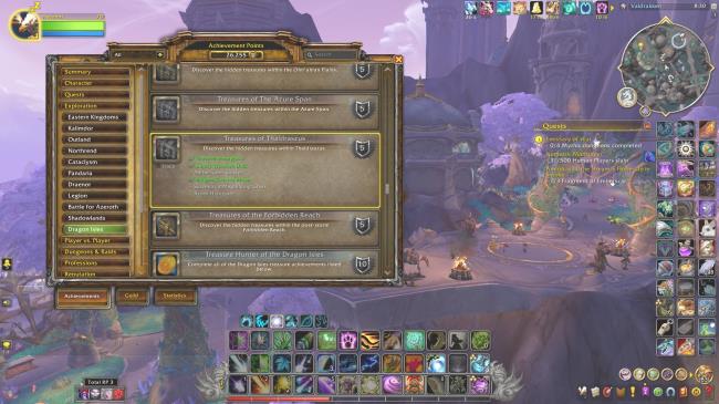 the achievement menu opened on a characters in valdrakken, with the achievements tab open to the treasures of thaldraszus achievement